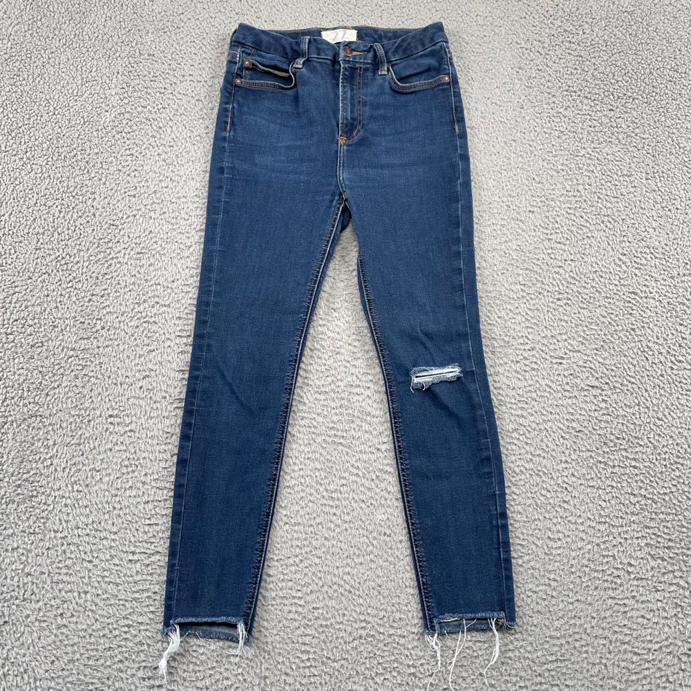 Free People Jeans Womens 27 Blue High Rise Skinny Distressed Raw Hem Denim